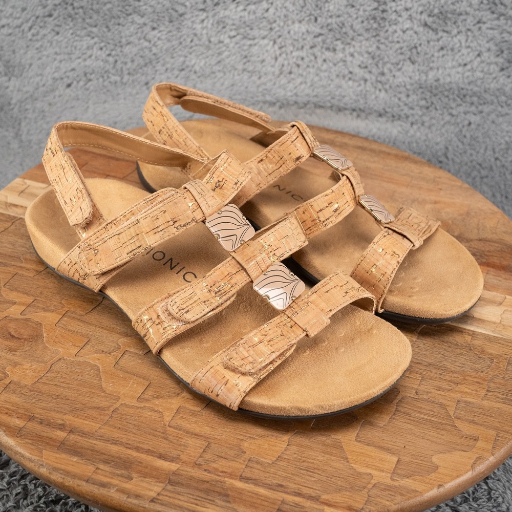 Vionic Amber Adjustable Sandal Cork Gold Flat Arch Support Comfort Sz 9